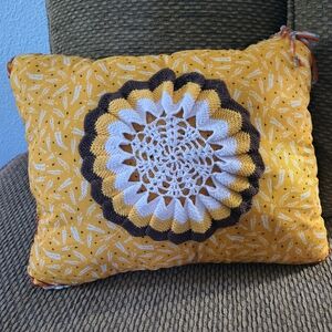 Vibrant Yellow and Brown Crochet Accent Pillow